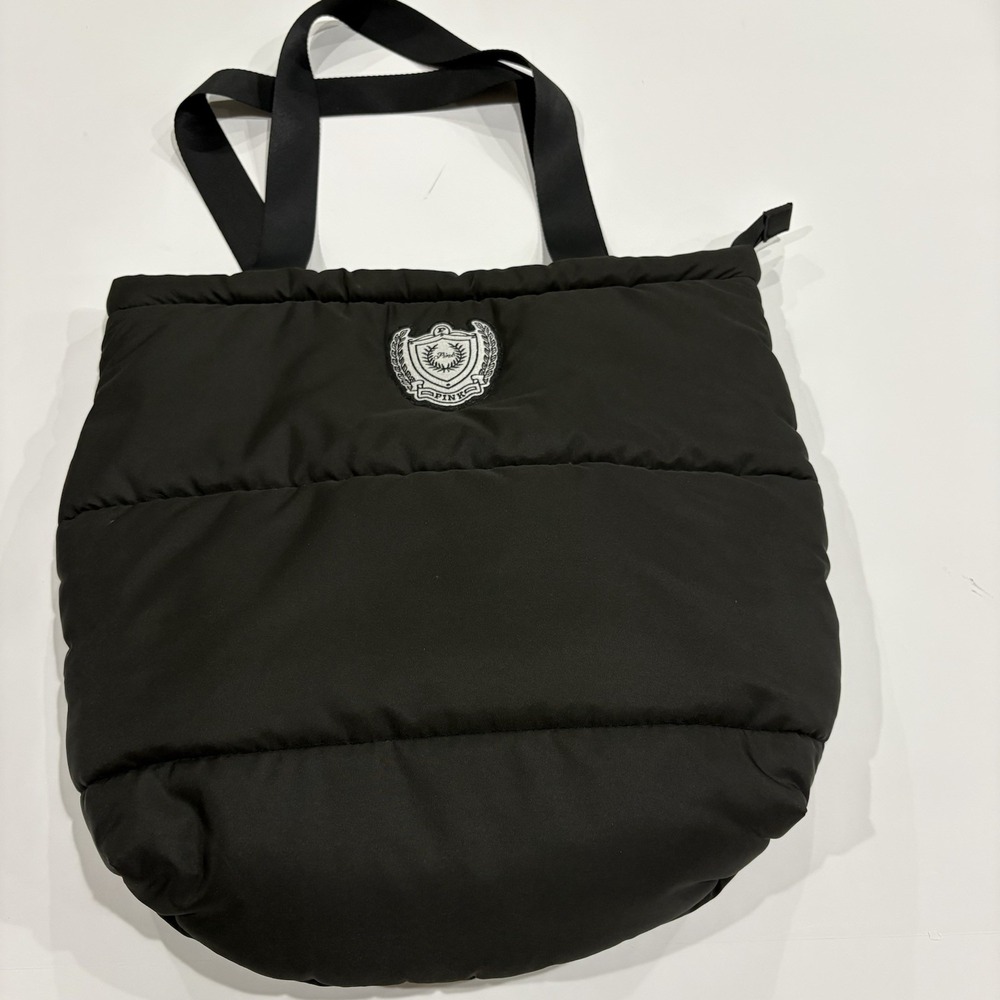 Victoria's Secret PINK Tote Bag Logo Patch Black Quilted 18" x 13" Puffy Handbag